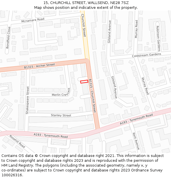 15, CHURCHILL STREET, WALLSEND, NE28 7SZ: Location map and indicative extent of plot