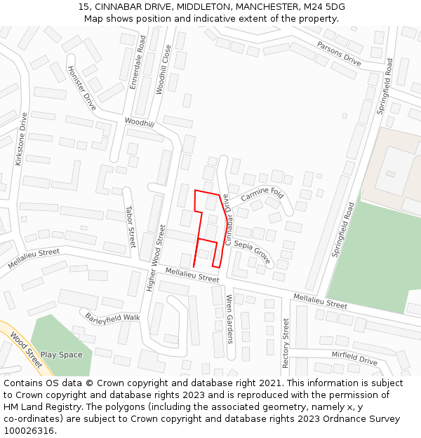 15, CINNABAR DRIVE, MIDDLETON, MANCHESTER, M24 5DG: Location map and indicative extent of plot