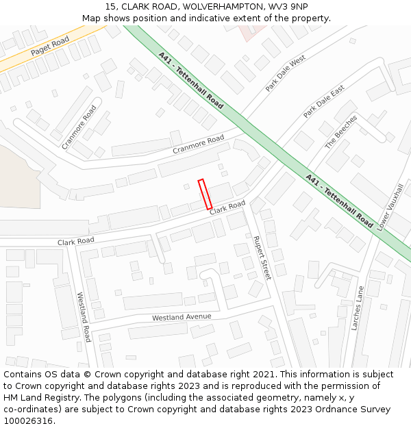 15, CLARK ROAD, WOLVERHAMPTON, WV3 9NP: Location map and indicative extent of plot