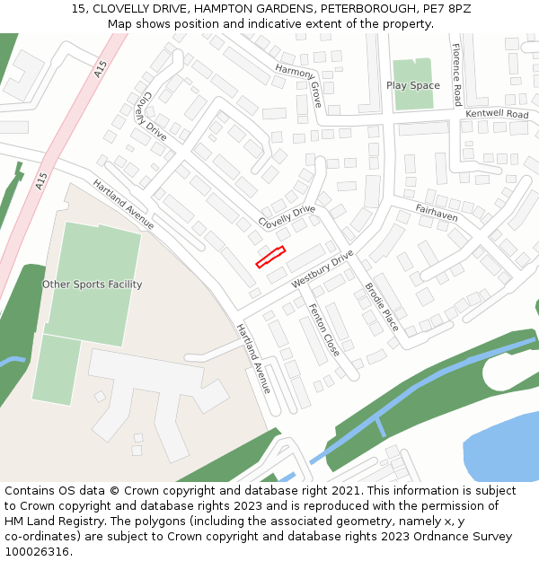 15, CLOVELLY DRIVE, HAMPTON GARDENS, PETERBOROUGH, PE7 8PZ: Location map and indicative extent of plot