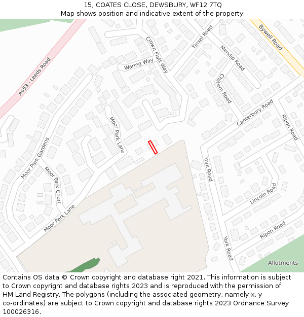 15, COATES CLOSE, DEWSBURY, WF12 7TQ: Location map and indicative extent of plot