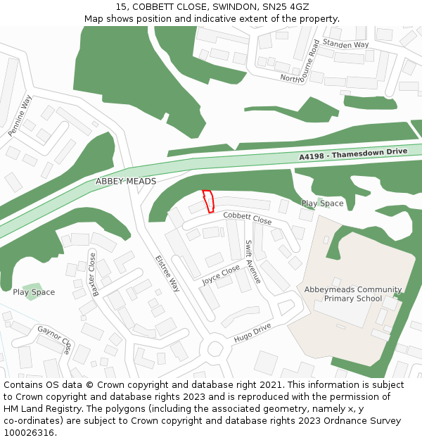 15, COBBETT CLOSE, SWINDON, SN25 4GZ: Location map and indicative extent of plot