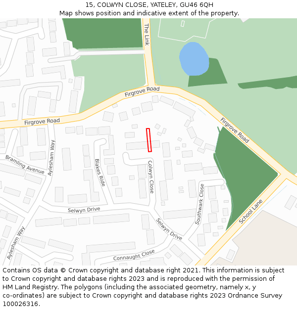 15, COLWYN CLOSE, YATELEY, GU46 6QH: Location map and indicative extent of plot