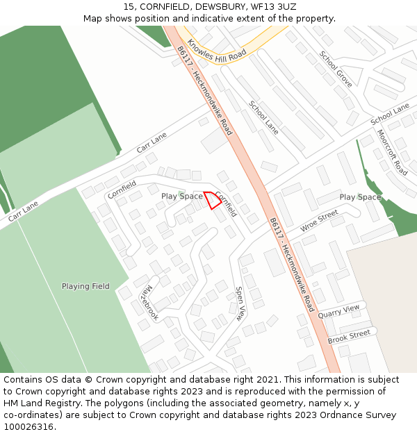 15, CORNFIELD, DEWSBURY, WF13 3UZ: Location map and indicative extent of plot