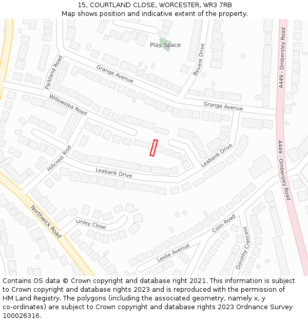 15, COURTLAND CLOSE, WORCESTER, WR3 7RB: Location map and indicative extent of plot