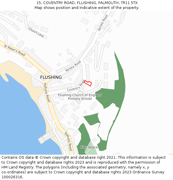 15, COVENTRY ROAD, FLUSHING, FALMOUTH, TR11 5TX: Location map and indicative extent of plot