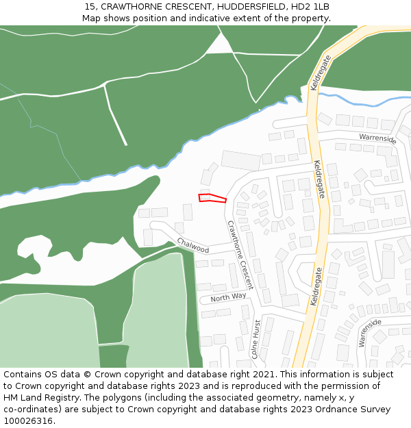 15, CRAWTHORNE CRESCENT, HUDDERSFIELD, HD2 1LB: Location map and indicative extent of plot