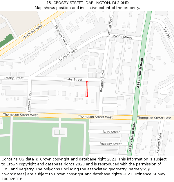 15, CROSBY STREET, DARLINGTON, DL3 0HD: Location map and indicative extent of plot