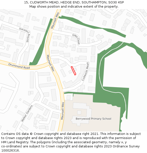 15, CUDWORTH MEAD, HEDGE END, SOUTHAMPTON, SO30 4SP: Location map and indicative extent of plot