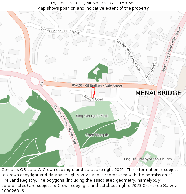 15, DALE STREET, MENAI BRIDGE, LL59 5AH: Location map and indicative extent of plot