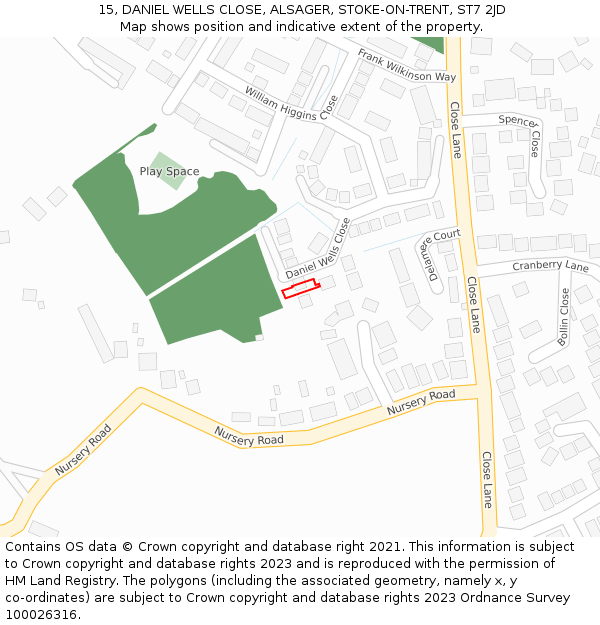 15, DANIEL WELLS CLOSE, ALSAGER, STOKE-ON-TRENT, ST7 2JD: Location map and indicative extent of plot