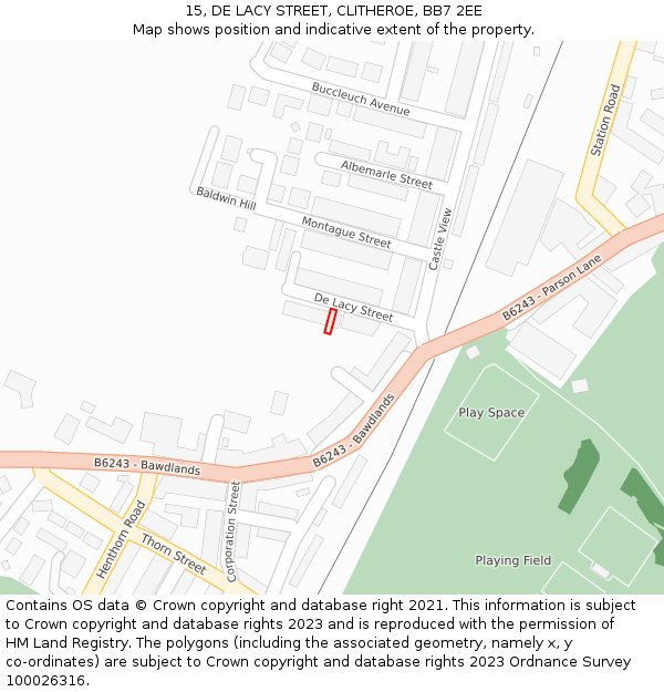 15, DE LACY STREET, CLITHEROE, BB7 2EE: Location map and indicative extent of plot