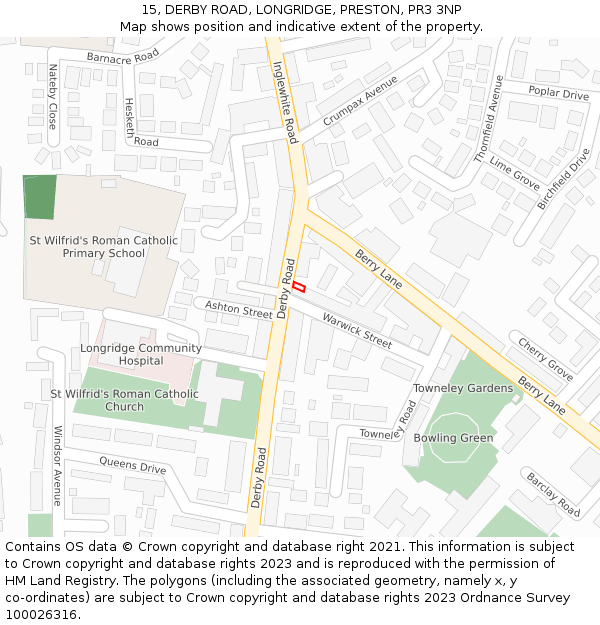 15, DERBY ROAD, LONGRIDGE, PRESTON, PR3 3NP: Location map and indicative extent of plot