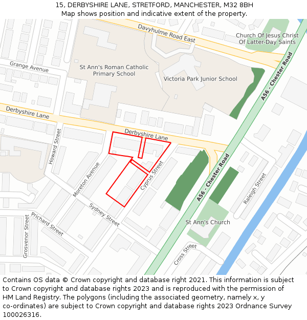 15, DERBYSHIRE LANE, STRETFORD, MANCHESTER, M32 8BH: Location map and indicative extent of plot