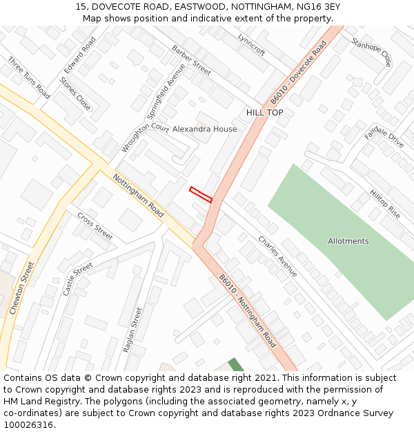 15, DOVECOTE ROAD, EASTWOOD, NOTTINGHAM, NG16 3EY: Location map and indicative extent of plot