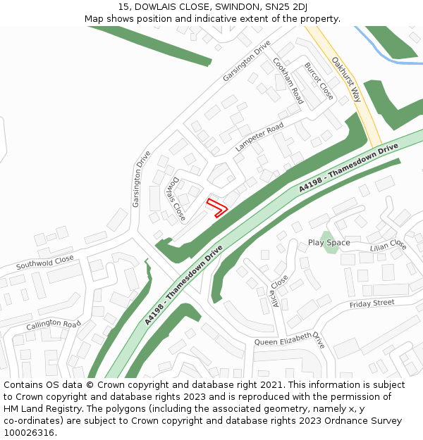 15, DOWLAIS CLOSE, SWINDON, SN25 2DJ: Location map and indicative extent of plot