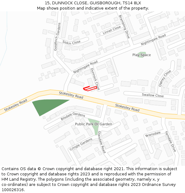 15, DUNNOCK CLOSE, GUISBOROUGH, TS14 8LX: Location map and indicative extent of plot