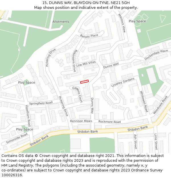 15, DUNNS WAY, BLAYDON-ON-TYNE, NE21 5GH: Location map and indicative extent of plot