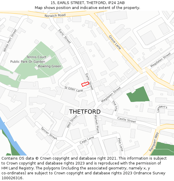 15, EARLS STREET, THETFORD, IP24 2AB: Location map and indicative extent of plot