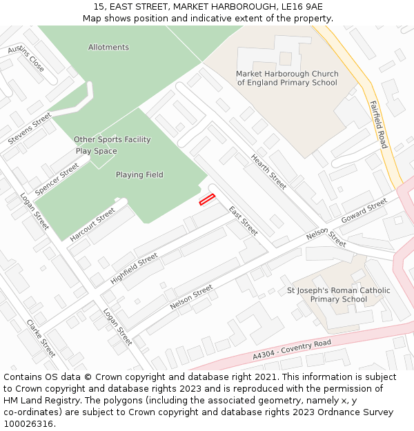 15, EAST STREET, MARKET HARBOROUGH, LE16 9AE: Location map and indicative extent of plot