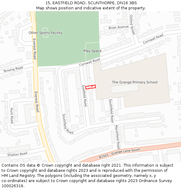 15, EASTFIELD ROAD, SCUNTHORPE, DN16 3BS: Location map and indicative extent of plot