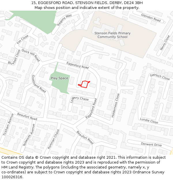 15, EGGESFORD ROAD, STENSON FIELDS, DERBY, DE24 3BH: Location map and indicative extent of plot
