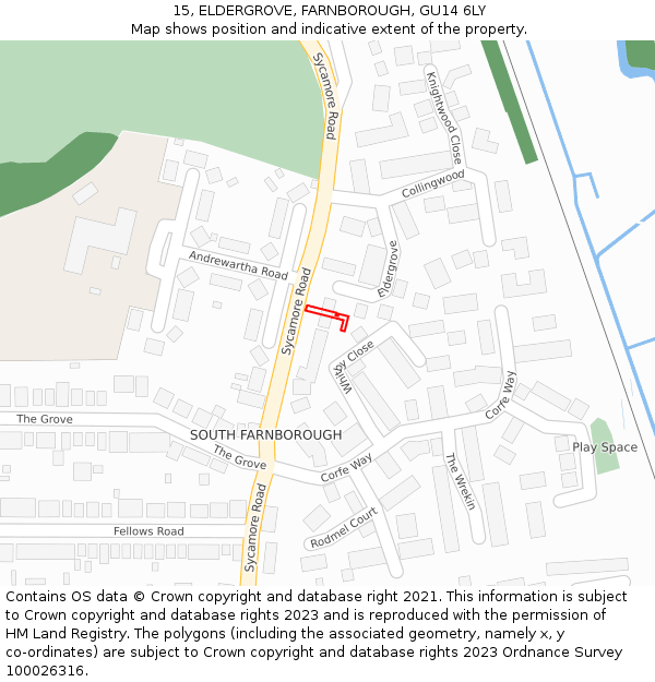 15, ELDERGROVE, FARNBOROUGH, GU14 6LY: Location map and indicative extent of plot