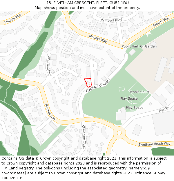15, ELVETHAM CRESCENT, FLEET, GU51 1BU: Location map and indicative extent of plot