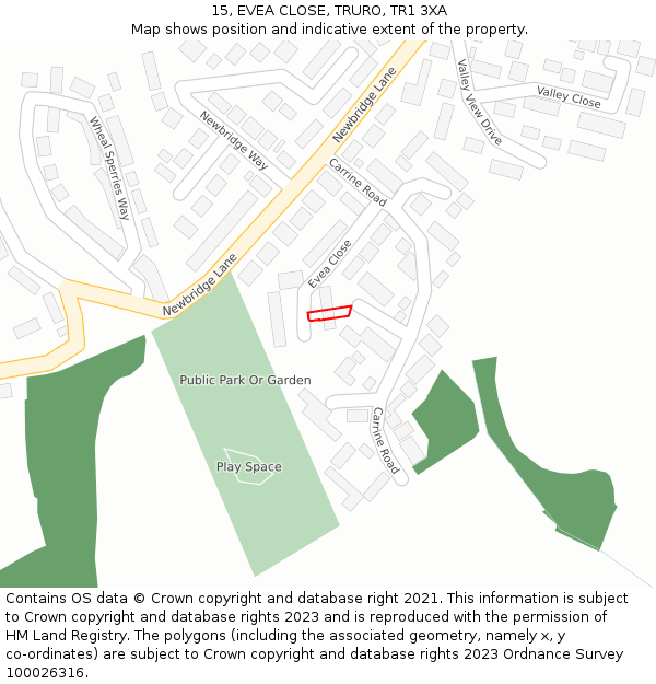 15, EVEA CLOSE, TRURO, TR1 3XA: Location map and indicative extent of plot