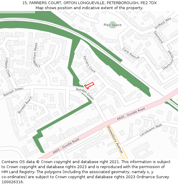 15, FARRIERS COURT, ORTON LONGUEVILLE, PETERBOROUGH, PE2 7DX: Location map and indicative extent of plot