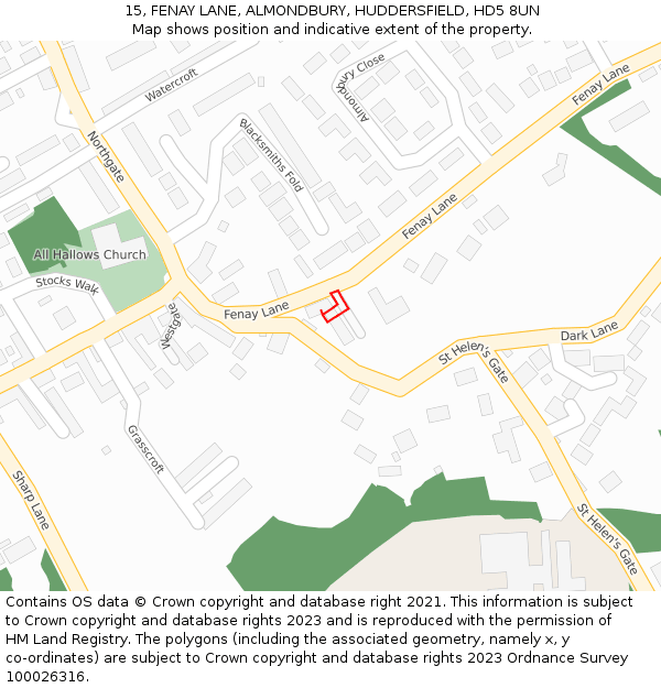 15, FENAY LANE, ALMONDBURY, HUDDERSFIELD, HD5 8UN: Location map and indicative extent of plot