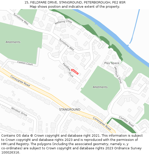15, FIELDFARE DRIVE, STANGROUND, PETERBOROUGH, PE2 8SR: Location map and indicative extent of plot