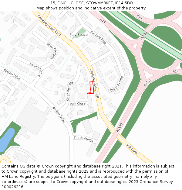 15, FINCH CLOSE, STOWMARKET, IP14 5BQ: Location map and indicative extent of plot
