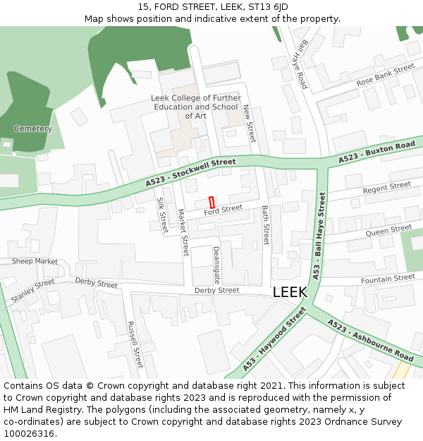 15, FORD STREET, LEEK, ST13 6JD: Location map and indicative extent of plot