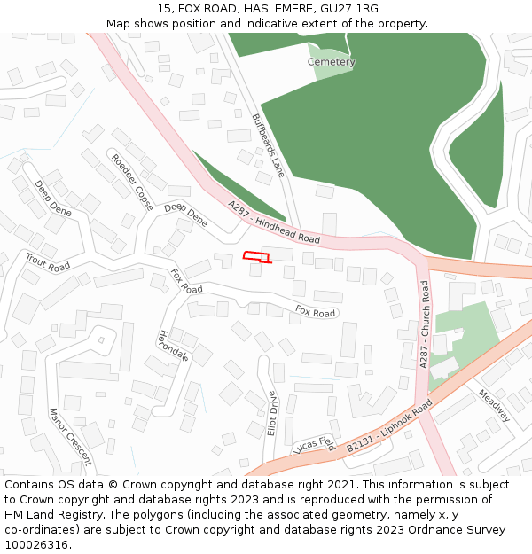 15, FOX ROAD, HASLEMERE, GU27 1RG: Location map and indicative extent of plot