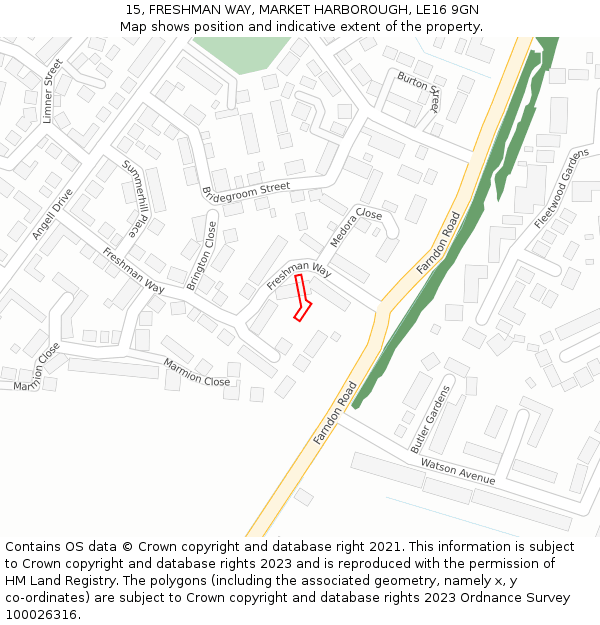 15, FRESHMAN WAY, MARKET HARBOROUGH, LE16 9GN: Location map and indicative extent of plot