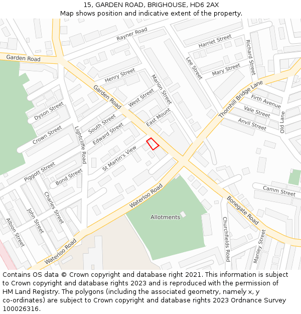 15, GARDEN ROAD, BRIGHOUSE, HD6 2AX: Location map and indicative extent of plot