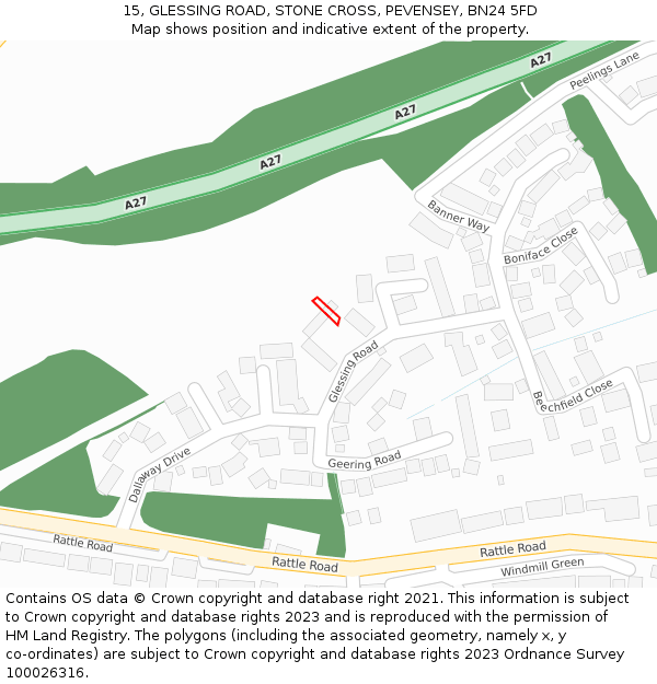 15, GLESSING ROAD, STONE CROSS, PEVENSEY, BN24 5FD: Location map and indicative extent of plot