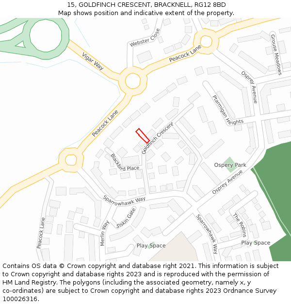 15, GOLDFINCH CRESCENT, BRACKNELL, RG12 8BD: Location map and indicative extent of plot