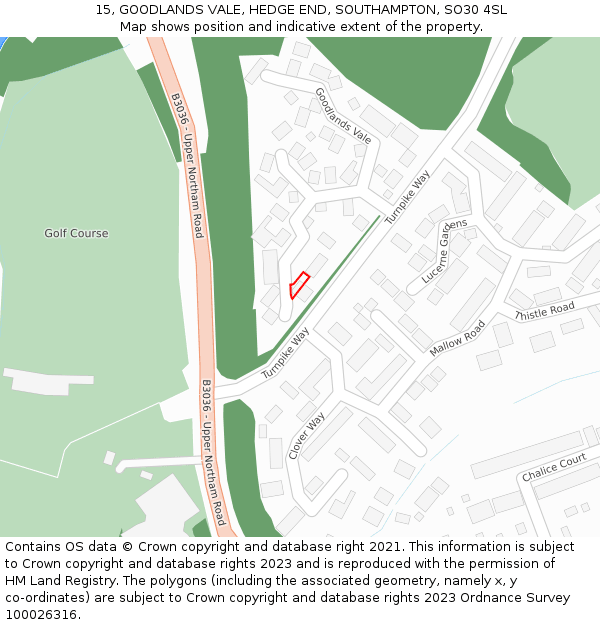 15, GOODLANDS VALE, HEDGE END, SOUTHAMPTON, SO30 4SL: Location map and indicative extent of plot