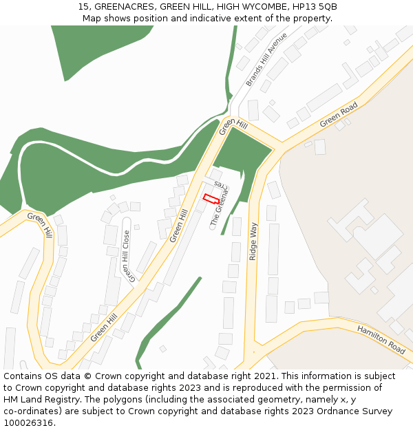 15, GREENACRES, GREEN HILL, HIGH WYCOMBE, HP13 5QB: Location map and indicative extent of plot