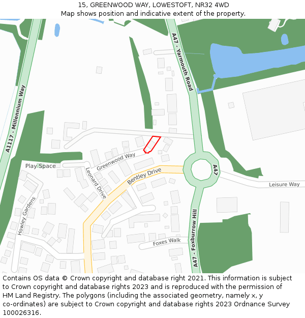 15, GREENWOOD WAY, LOWESTOFT, NR32 4WD: Location map and indicative extent of plot