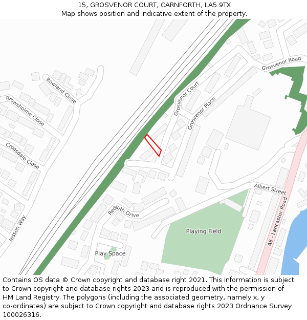 15, GROSVENOR COURT, CARNFORTH, LA5 9TX: Location map and indicative extent of plot