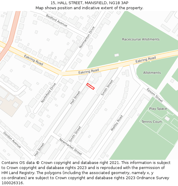 15, HALL STREET, MANSFIELD, NG18 3AP: Location map and indicative extent of plot