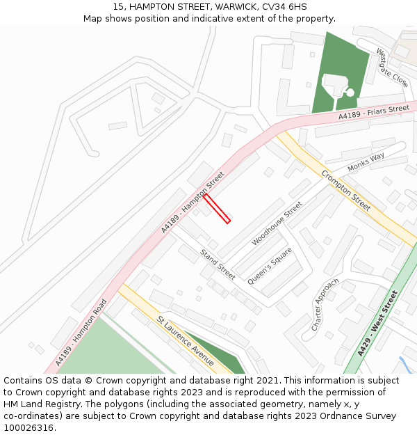 15, HAMPTON STREET, WARWICK, CV34 6HS: Location map and indicative extent of plot