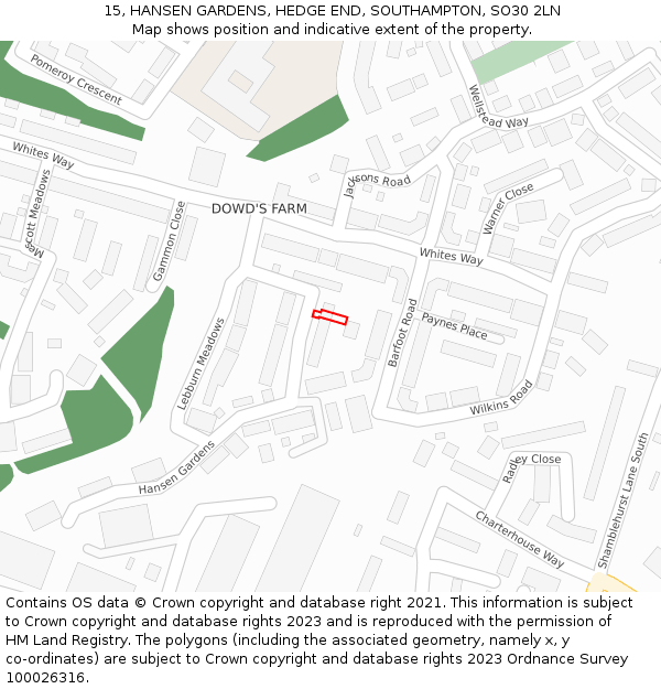 15, HANSEN GARDENS, HEDGE END, SOUTHAMPTON, SO30 2LN: Location map and indicative extent of plot