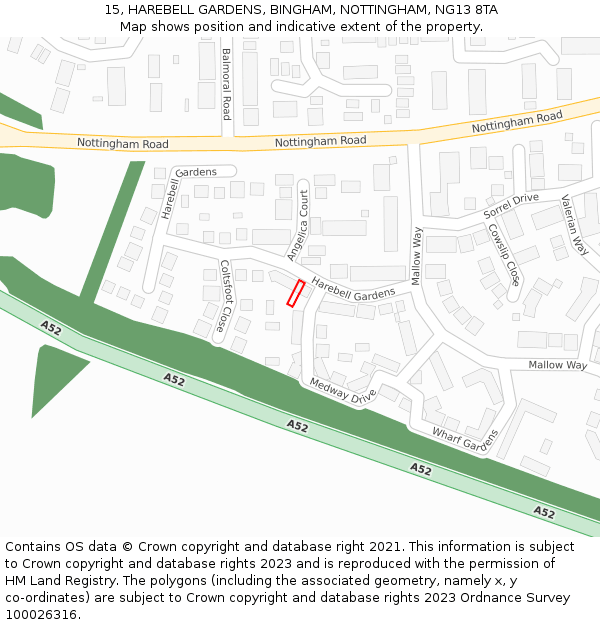 15, HAREBELL GARDENS, BINGHAM, NOTTINGHAM, NG13 8TA: Location map and indicative extent of plot
