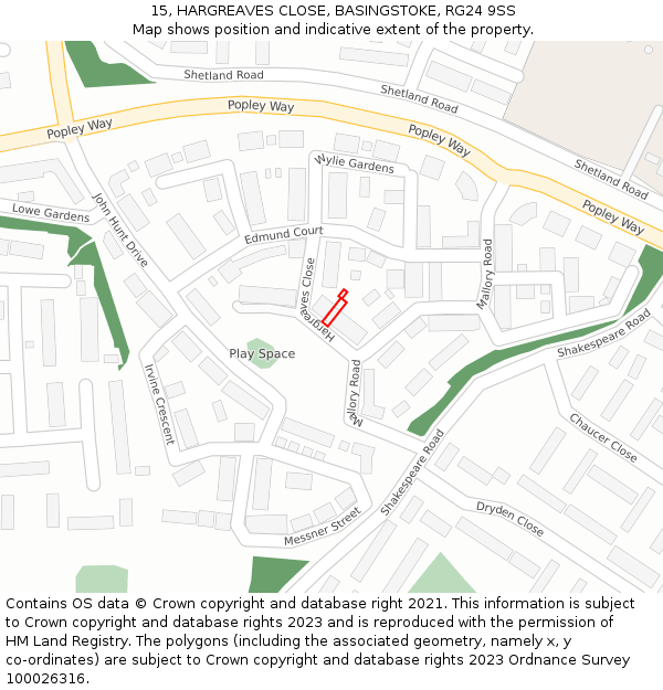 15, HARGREAVES CLOSE, BASINGSTOKE, RG24 9SS: Location map and indicative extent of plot