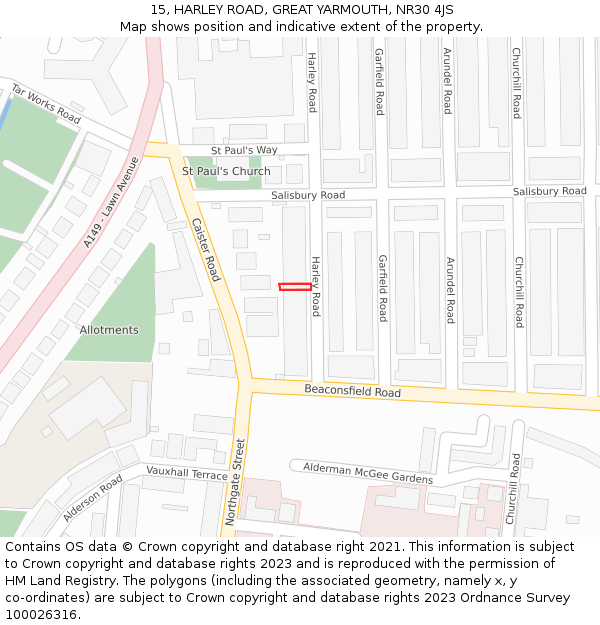 15, HARLEY ROAD, GREAT YARMOUTH, NR30 4JS: Location map and indicative extent of plot