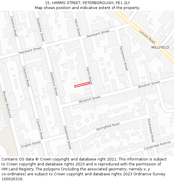 15, HARRIS STREET, PETERBOROUGH, PE1 2LY: Location map and indicative extent of plot